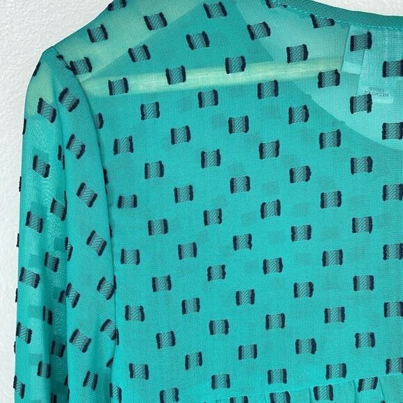 Merona Green Black Printed Sheer Crewneck Long Bishop Sleeve Flowy Flare - Picture 6 of 6